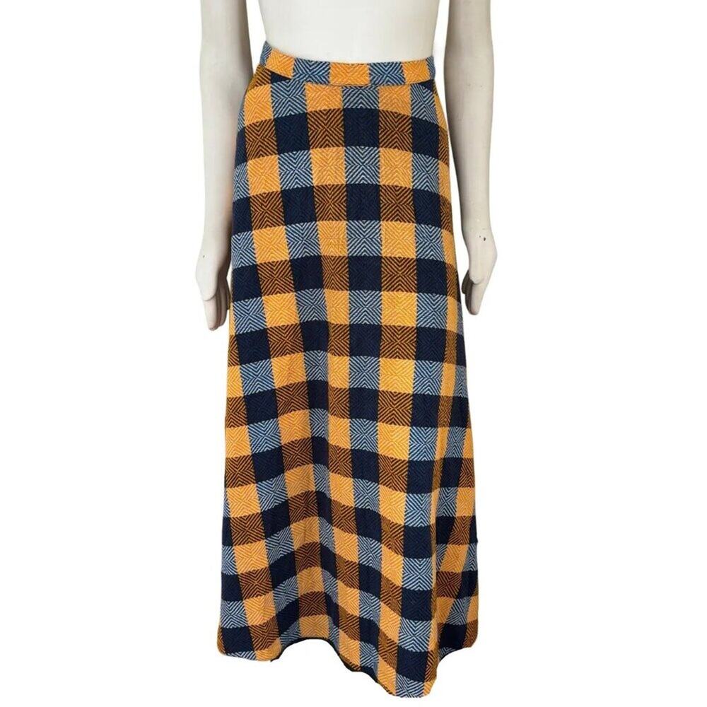 VTG 70s Retro Check Plaid A-line Maxi Skirt in Amber & Navy Blue SZ 2